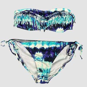 Xhilaration Strapless Fringe Bikini Set Blue Purple Tie Dye Boho Swim Size M